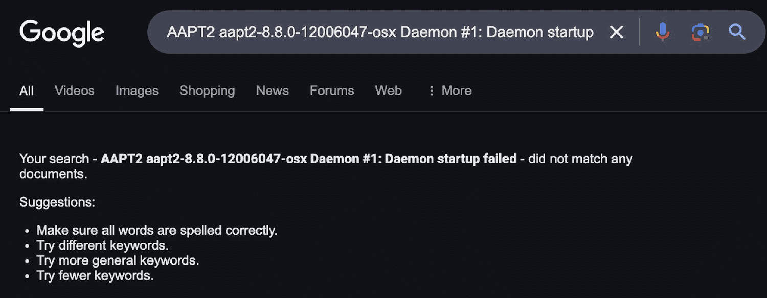 A Google search result page includes a result for a query about an 'AAPT2 Daemon startup failed' error, explaining potential causes related to software configuration.